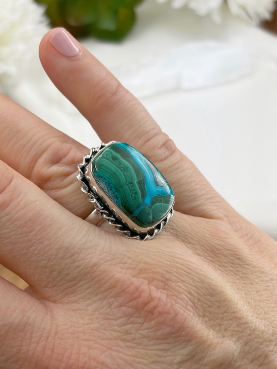 Southwest Jewelry - Chunky Malachite Chrysocolla Ring Size 7 1/4 7.25 Vintage Boho Southwest Style